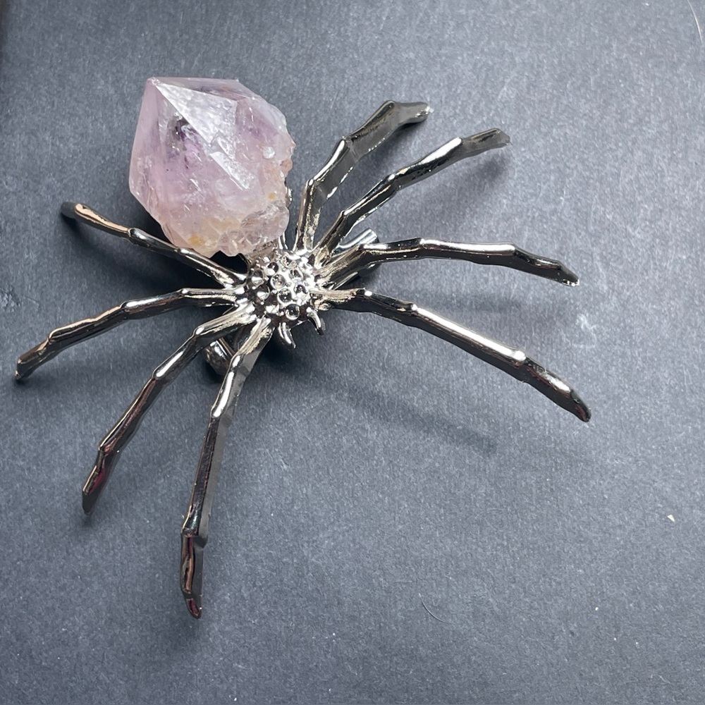Amethyst Spider Brooch with silver metal body Crystal Accent Artisan Made